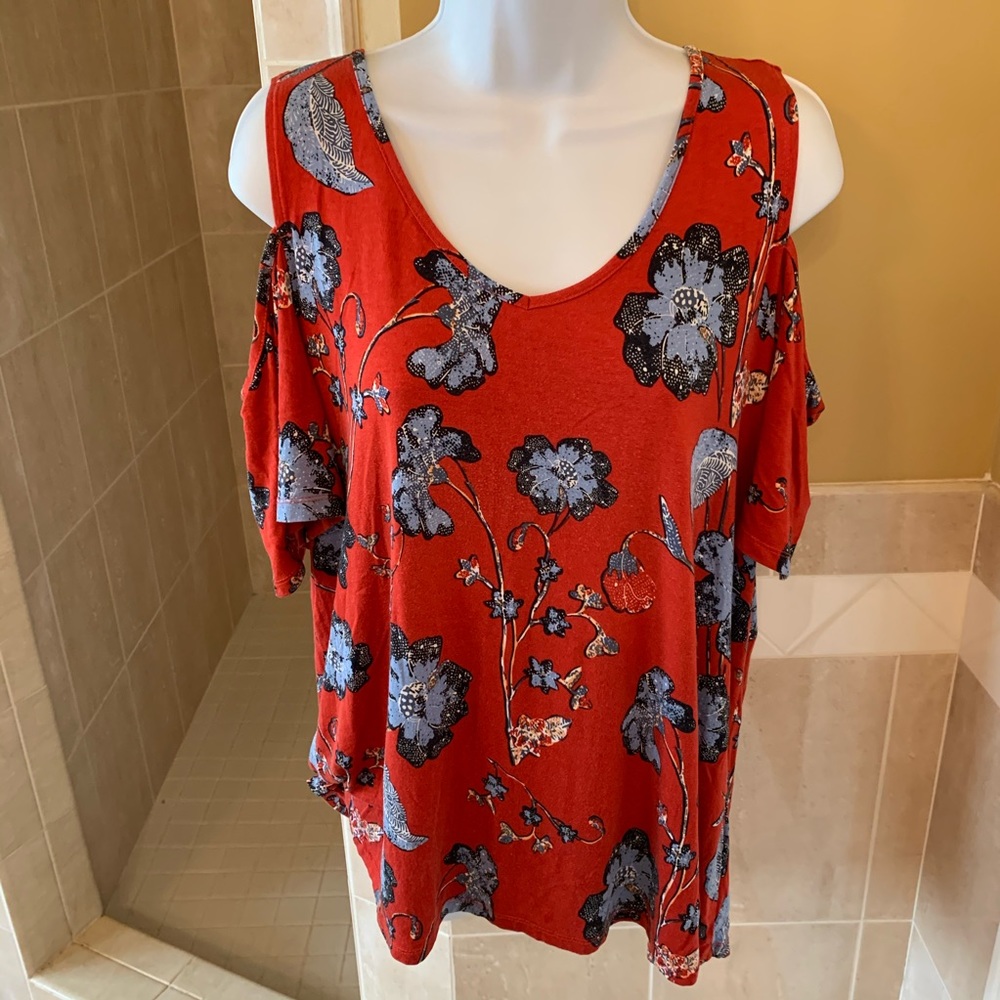 Dalia Red Floral Cold Shoulder Top Tee Shirt